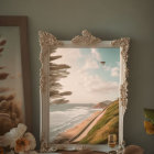 Ornate frame showcasing coastal landscape painting on table with flowers and vial