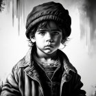 Monochrome artwork of a child in cap and leather jacket