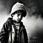 Monochrome photo of young child in knit hat and jacket with misty background