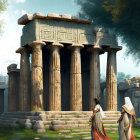 Ancient individuals in classical Greek setting with Doric columns and ruins