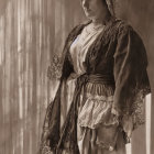 Sepia-toned portrait of woman in historical dress with headscarf, lacy sleeves, and