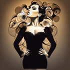 Stylized woman with exaggerated curves and ornate swirling hairstyle in black and gold.