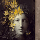 Serene face with yellow flowers and grey leaves on dark background