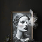 Vintage Framed Portrait of Woman with Swirling Smoke, Flowers, and Drapery