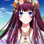 Long brown hair, blue-eyed anime girl with floral crown and golden jewelry in vibrant setting
