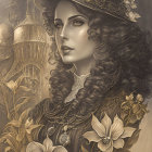 Sepia Portrait of Woman with Curly Hair and Floral Hat