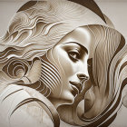 Monochrome illustration of woman with intricate swirls and floral patterns