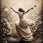 Graceful woman dancing in flower field with outstretched arms and bouquet