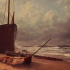 Stormy seascape painting with two ships, cloudy sky, and wooden plank pathway