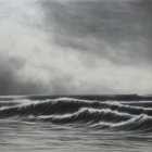 Moody monochrome seascape with tumultuous ocean waves under overcast sky