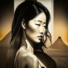 Sepia-toned painting of Asian woman with temple in modern-traditional blend