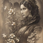 Vintage attire woman portrait with intricate headpiece and flowers