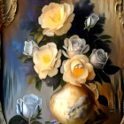 Yellow and White Roses in Tarnished Golden Vase Still Life Painting