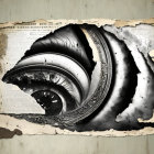 Monochromatic spiral staircase and nautilus shell on torn vintage paper