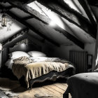 Rustic attic bedroom with wooden beams, plush bed, fur rug, and natural light