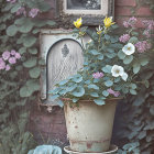 Weathered planter with greenery and flowers against brick wall with framed portrait