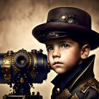 Vintage Outfit Boy with Steampunk Hat by Antique Camera