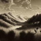 Sepia-tone image of serene lake with misty mountains