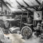 Monochrome image of eclectic attic room with antiques