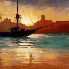 Sailing ship painting: Sunset seascape with fort silhouette