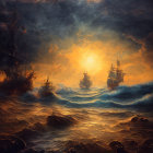 Sailing ships battling rough seas at sunset over rocky shoreline