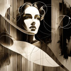 Monochrome illustration of stylized woman's face with abstract lines and textures