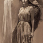 Sepia-toned painting of woman in vintage dress with fan next to mannequin in gown