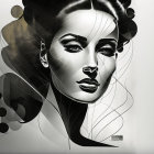 Monochrome digital artwork of stylized woman's face with abstract patterns