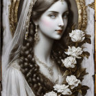 Portrait of woman with fair skin, long braided hair, jewelry, diadem, white roses in