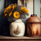 Vintage Ceramic Vase with Yellow Flowers, Copper Container, Old Books on Rustic Background