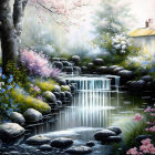 Tranquil stream with cascading waterfall, lush greenery, colorful flowers, and cozy cottage