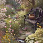 Tranquil garden path with flowers, wooden bench, and terracotta pots