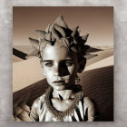 Sepia-toned portrait of woman with avant-garde headpiece and geometric earrings on sand dunes