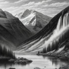 Serene monochromatic landscape with waterfalls, river, mountains, and trees