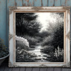 White ornate frame with monochrome nature painting on rustic blue wall.