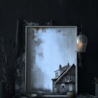 Rustic small house painting on canvas with bamboo sticks, bowl, and lantern.