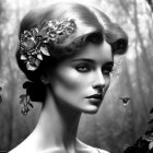 Monochrome portrait of woman with vintage hairstyle and floral headpiece in forest.