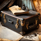 Vintage suitcase, glasses, book, and inkpot on aged documents.