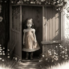 Sepia-Toned Image: Young Girl in Vintage Dress in Garden Doorway