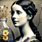 Vintage Portrait: Woman with Braided Hair and Floral Glass Bottle