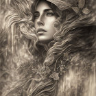 Monochromatic digital artwork of woman with flowing floral hair