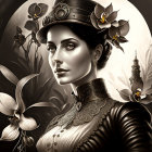 Monochromatic portrait of a woman in vintage attire with floral motifs and a lighthouse.
