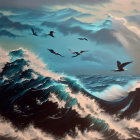 Stormy sea painting with towering waves and seagulls under dramatic sky