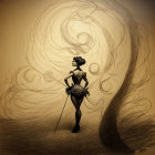 Dark tutu dancer surrounded by swirling patterns in dynamic image.