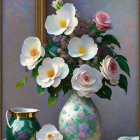 Floral arrangement oil painting with white and pink roses, purple accents, decorative vase, and green pot