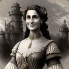 Monochrome digital painting of regal woman in historical attire with castle backdrop