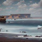 Rocky shore, flat-topped landforms, hazy sky coastal landscape.