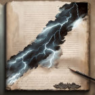 Realistic lightning bolt illustration on open book with ornate pen.