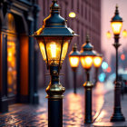 Vintage Street Lamps Illuminate Cobbled Street at Twilight
