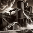 Monochromatic industrial facility with silos and staircases under dramatic sky